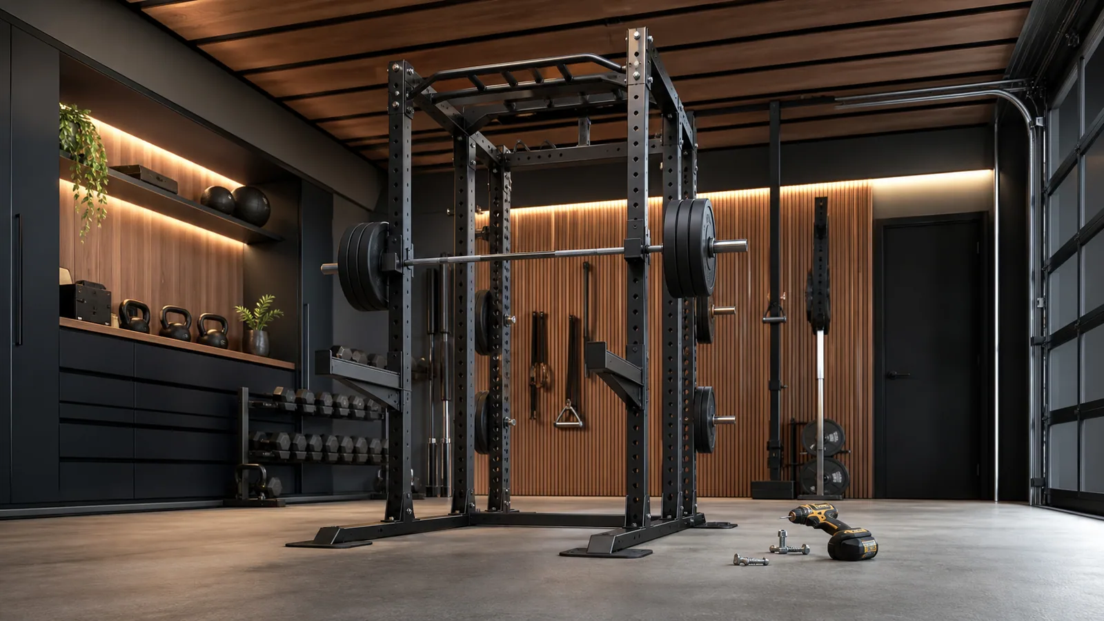 Power rack di ruang tropis dengan pelat alas terlihat