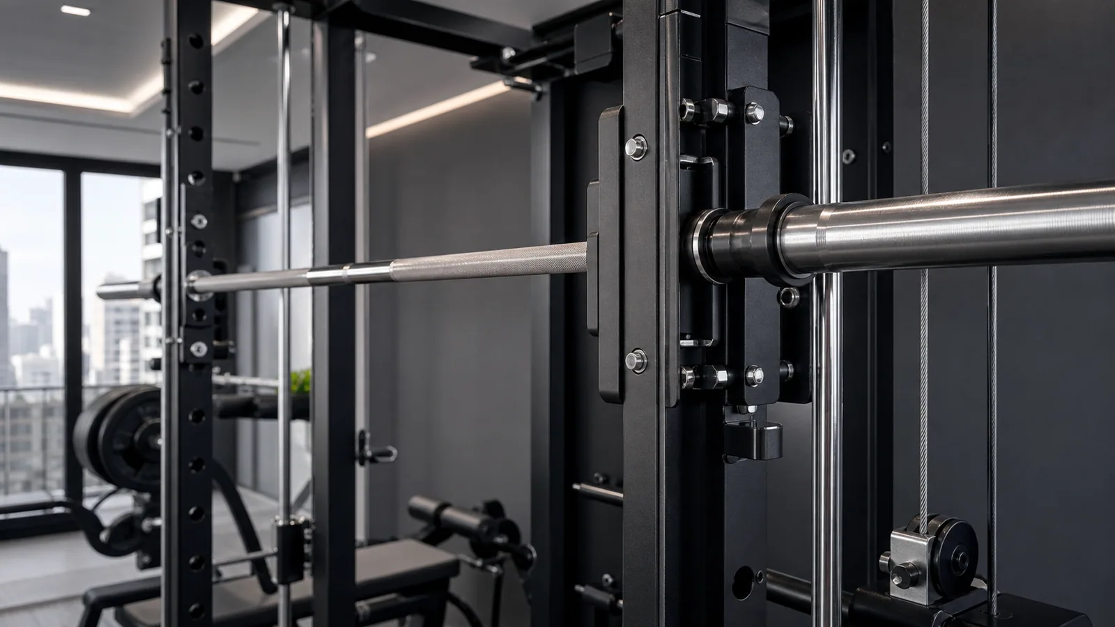 Carriage dan rel pemandu Smith machine dalam pemeriksaan