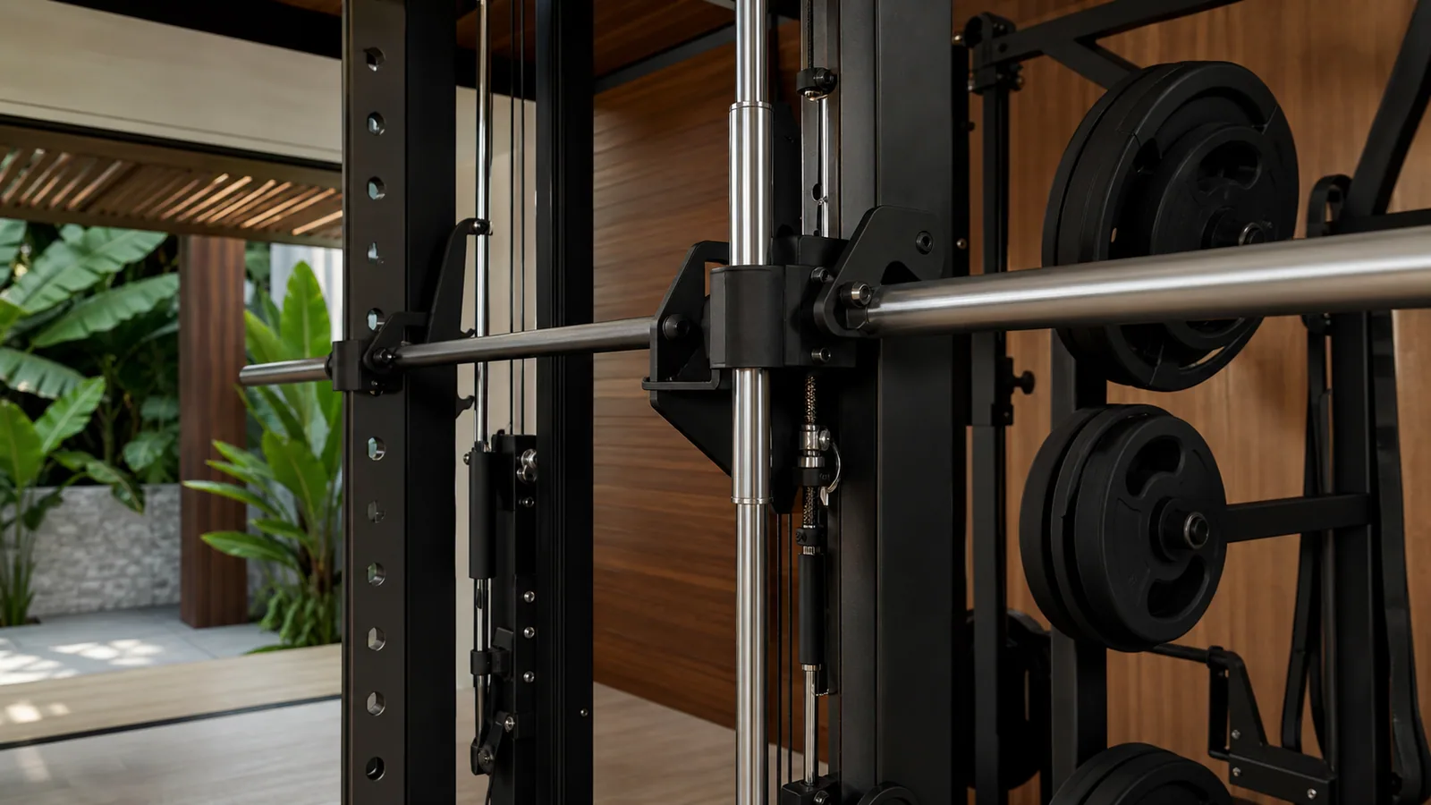 Power rack su piattaforma protettiva con piastre di base visibili