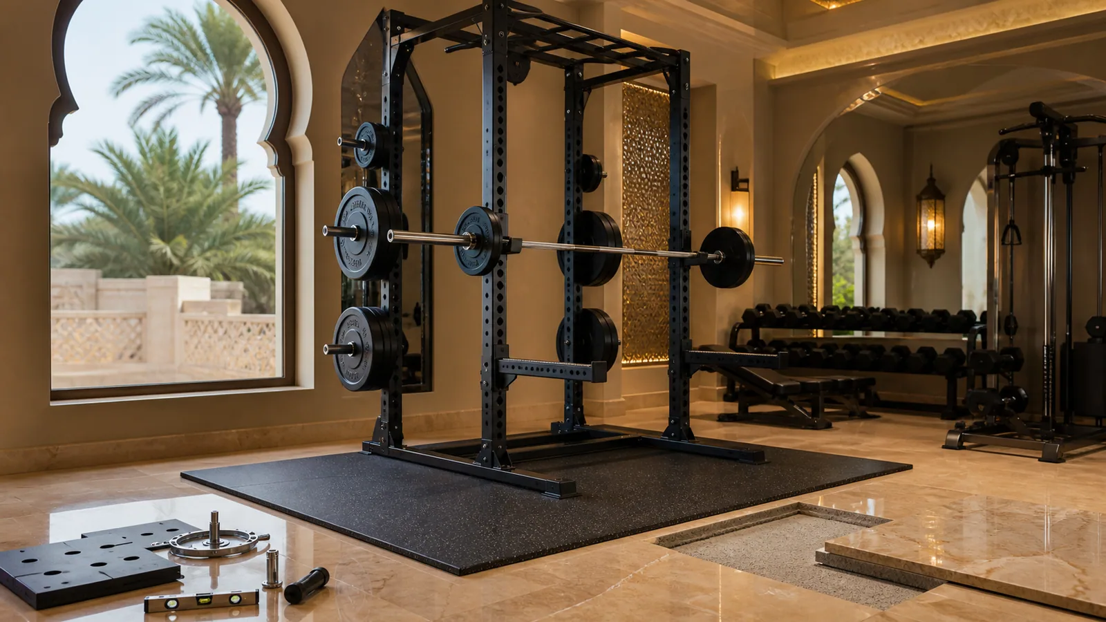 Carrello e guide di Smith machine in primo piano