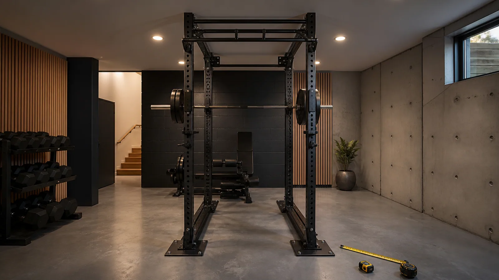 Power rack met zichtbare voetplaten op een beschermde vloer