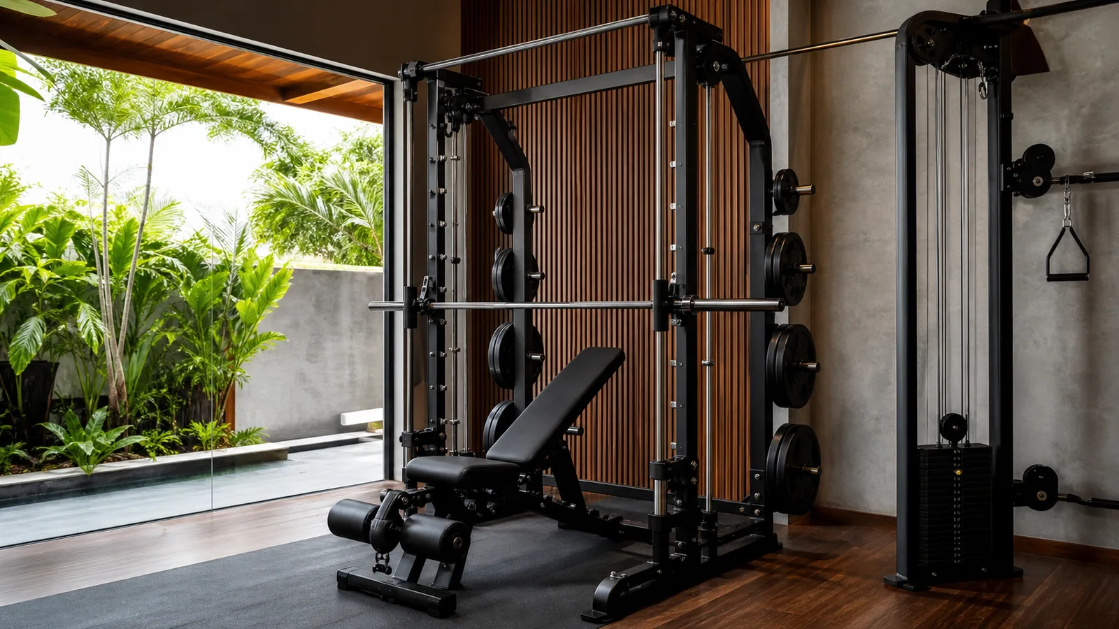 Power rack na betonowej posadzce z widocznymi płytami podstawy