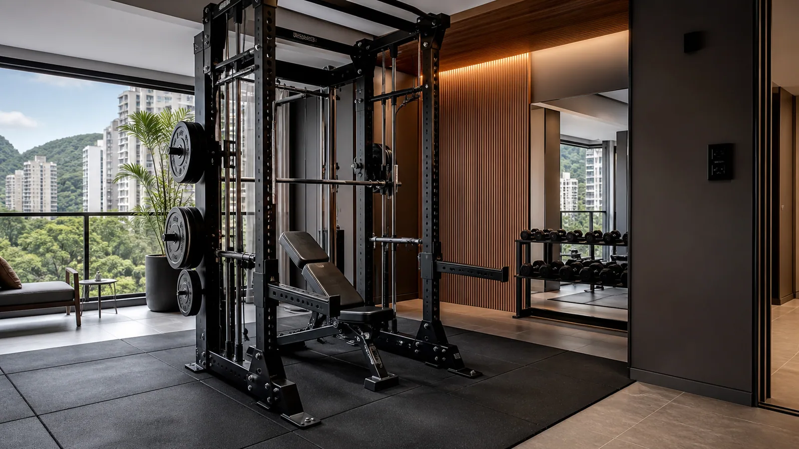 Kauçuk zemin üzerinde taban plakaları görünen power rack