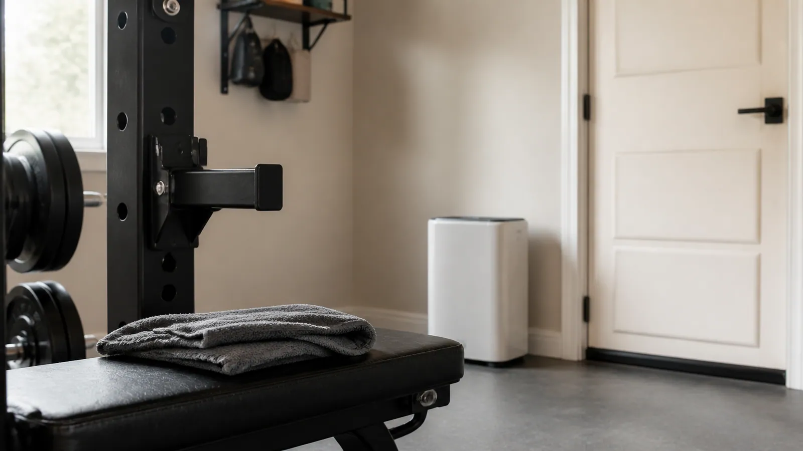 Dry garage training corner with a black rack upright, cleaning towel and dehumidifier
