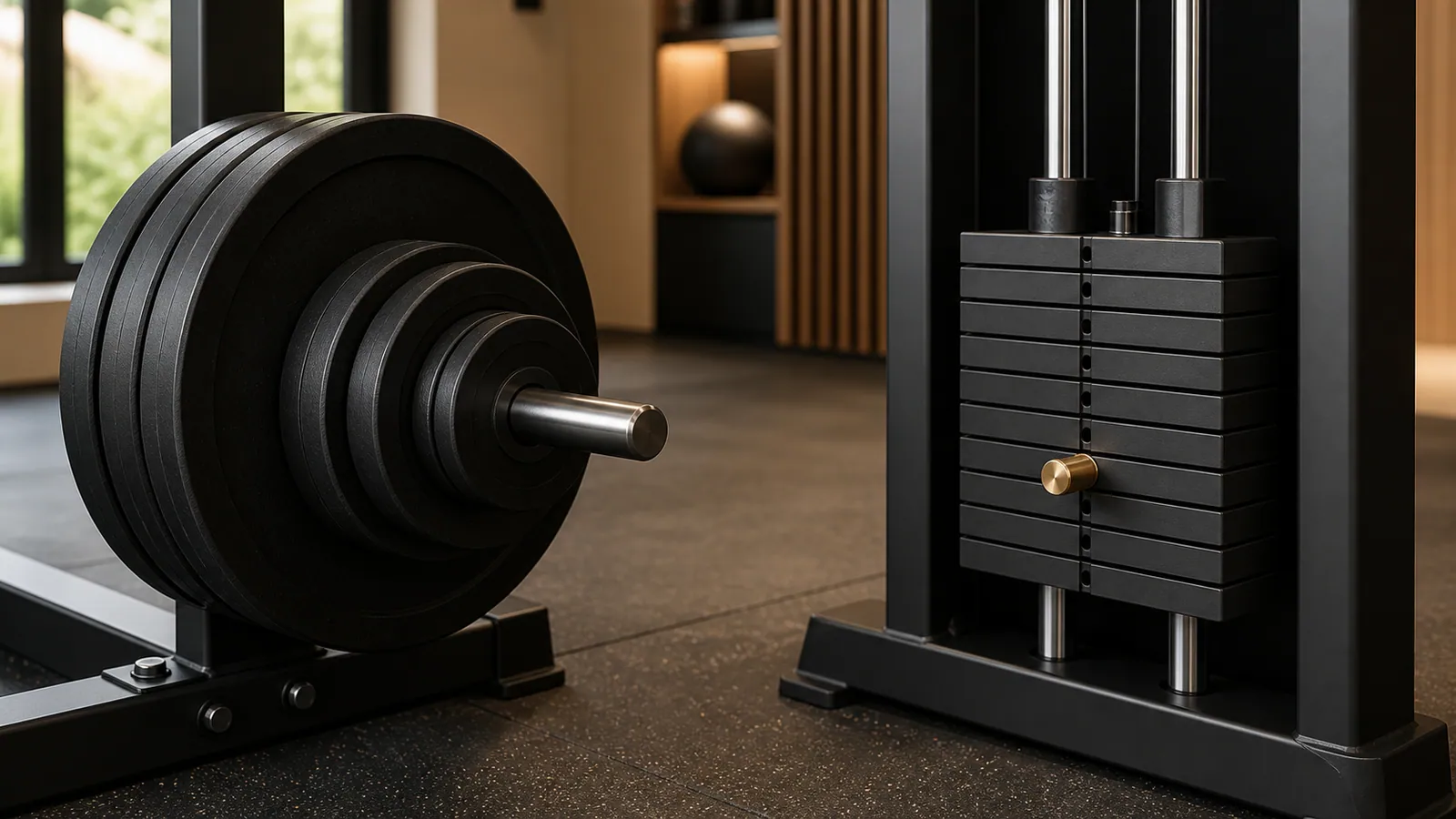 Weight plates on a storage peg beside a separate rectangular selectorized weight stack in a home gym