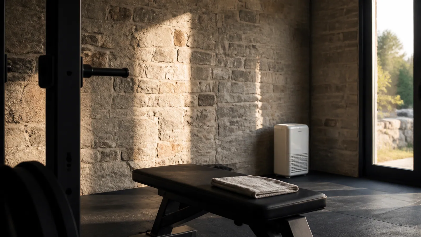 Coin de musculation sec dans un garage aménagé avec chiffon et déshumidificateur