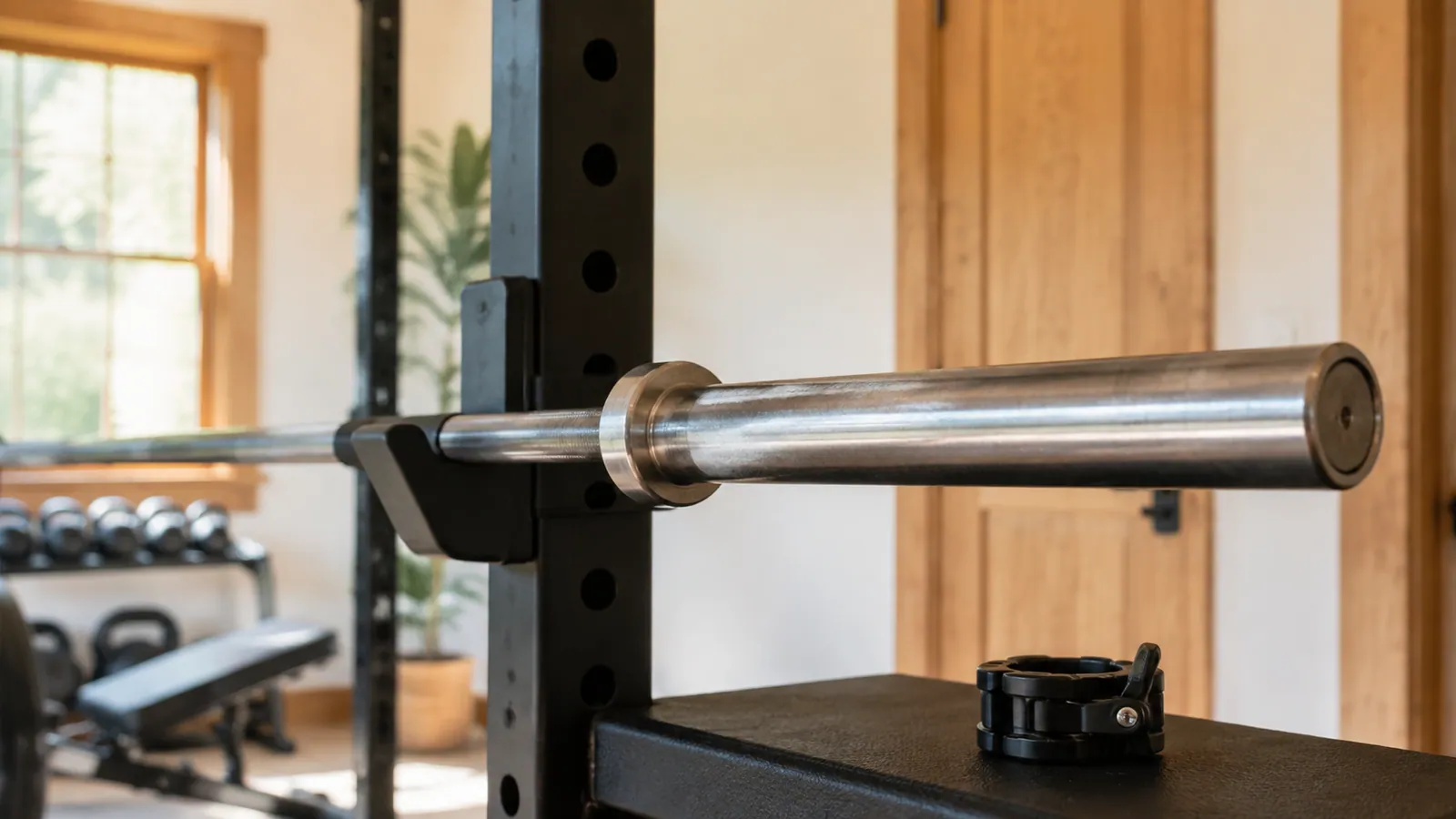 Unloaded steel barbell shaft resting in a lined J-cup with its sleeve outside the rack upright