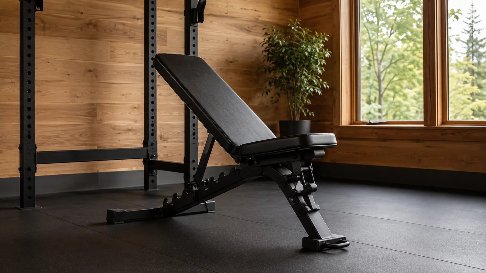 Black adjustable bench with its rear support foot visible beside a rack in a wood-lined home gym