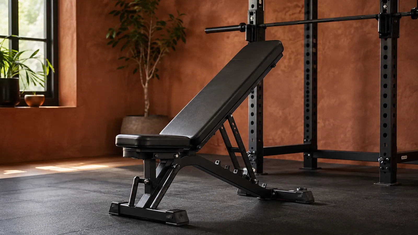 Banco negro inclinado con la base completa visible delante de una jaula en una sala de entrenamiento