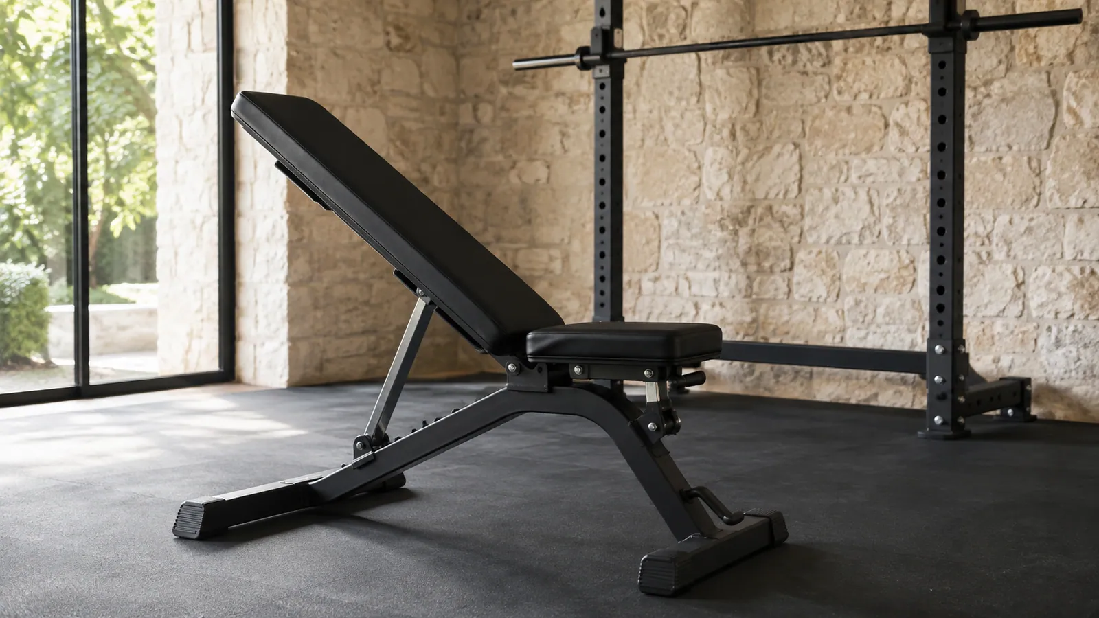 Banc réglable noir incliné devant un rack dans une salle de sport privée en pierre claire