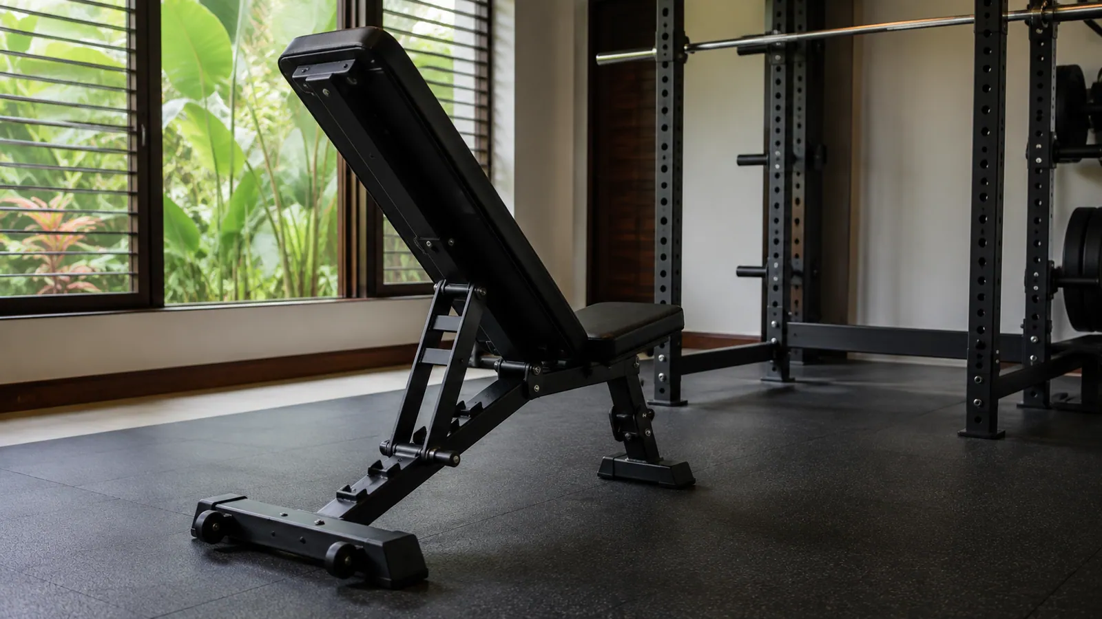 Bangku adjustable hitam di depan rack dalam ruang gym rumah tropis