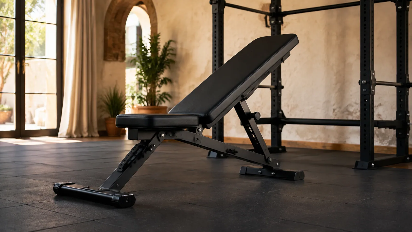 Panca regolabile nera inclinata davanti a un rack in una palestra domestica mediterranea