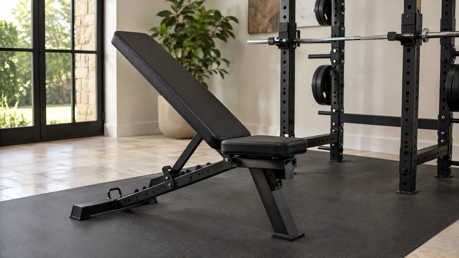 Ev spor odasında rack önünde eğimli siyah ayarlanabilir sehpa