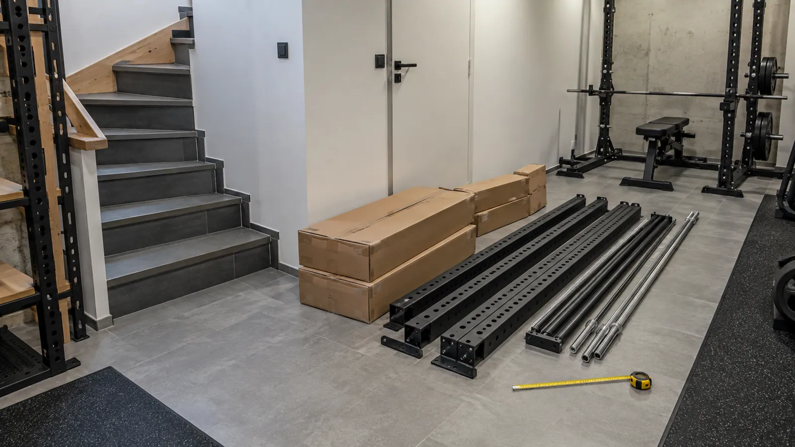 Langes Paket mit schwarzen Rackpfosten wird neben einer Kellertür vermessen