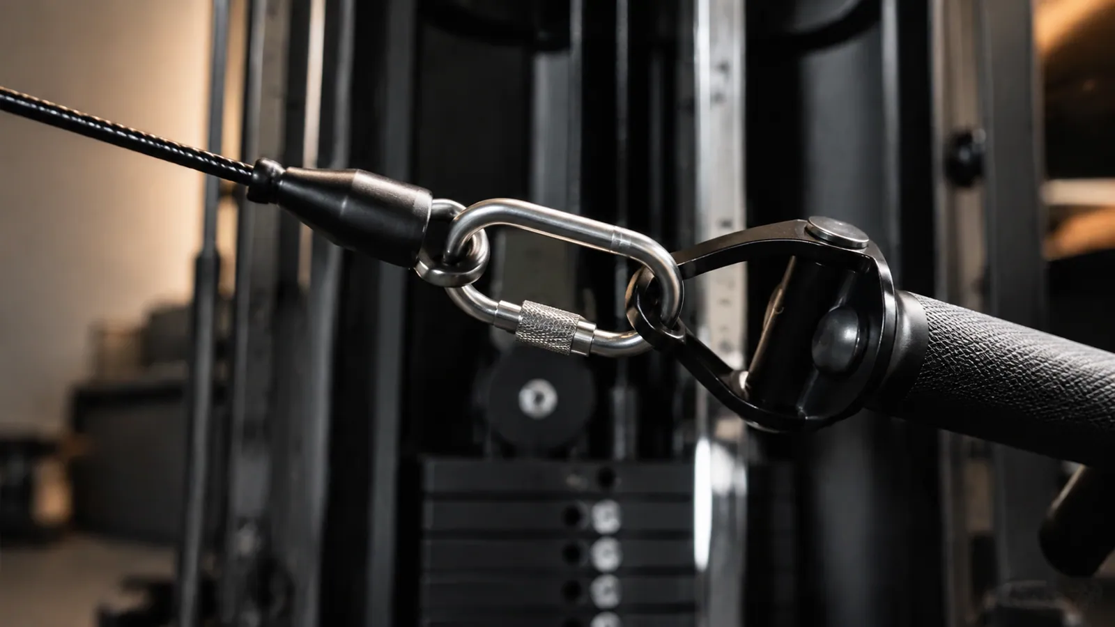 Close view of a closed steel carabiner joining a cable end to a rotating single handle