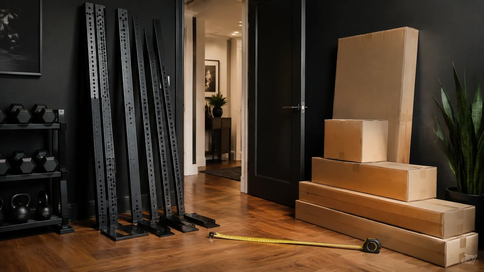 Flat-packed black rack uprights being measured beside a doorway on the route to a home gym