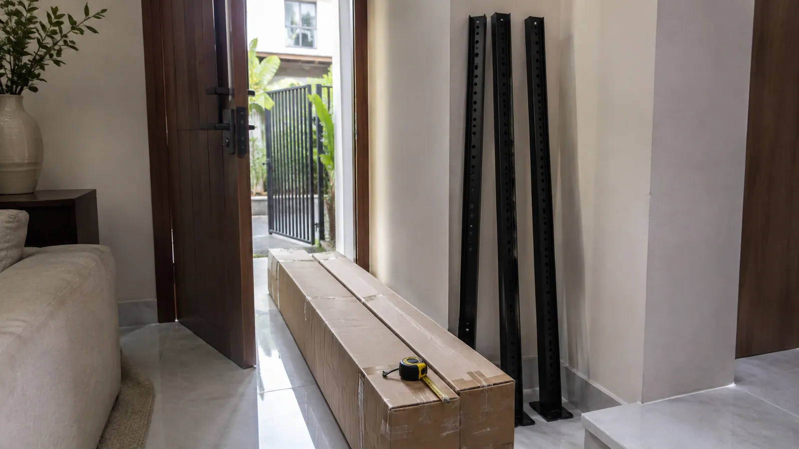 Koli panjang berisi tiang rack hitam sedang diukur di samping pintu rumah
