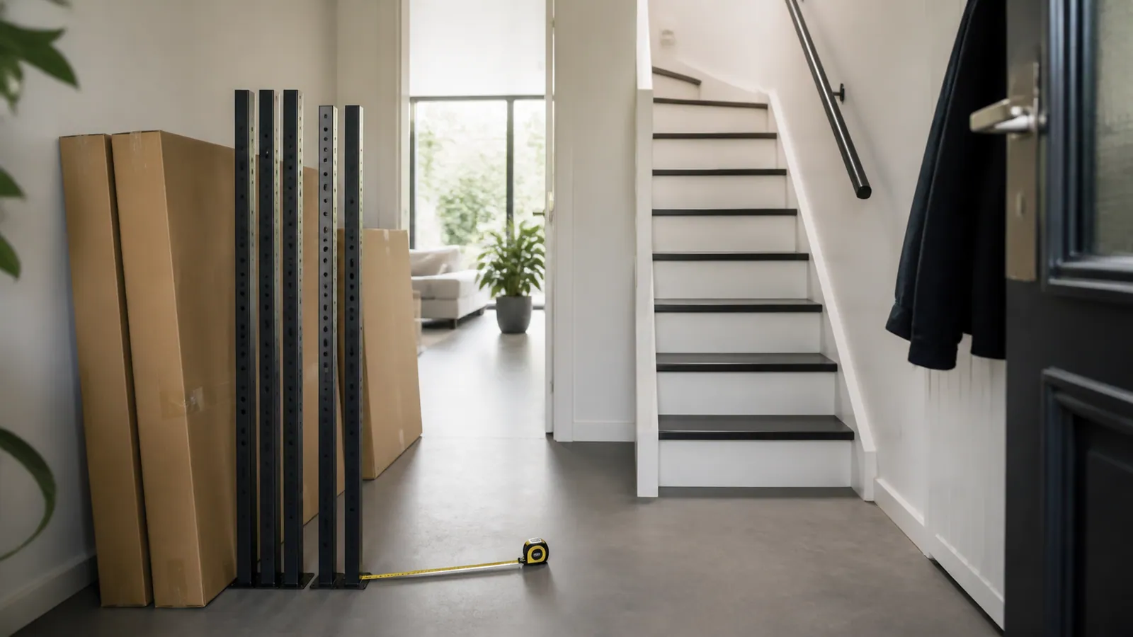 Lang pakket met zwarte rackstaanders dat naast een binnendeur wordt opgemeten