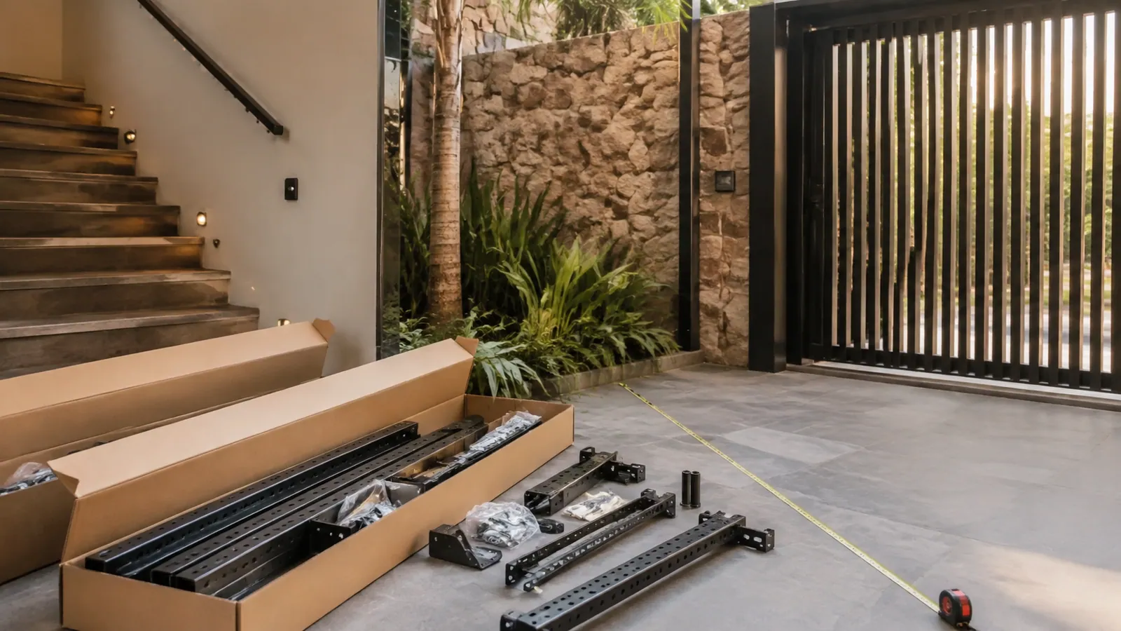 Caixa comprida com peças de rack sendo medida antes de passar por uma porta residencial