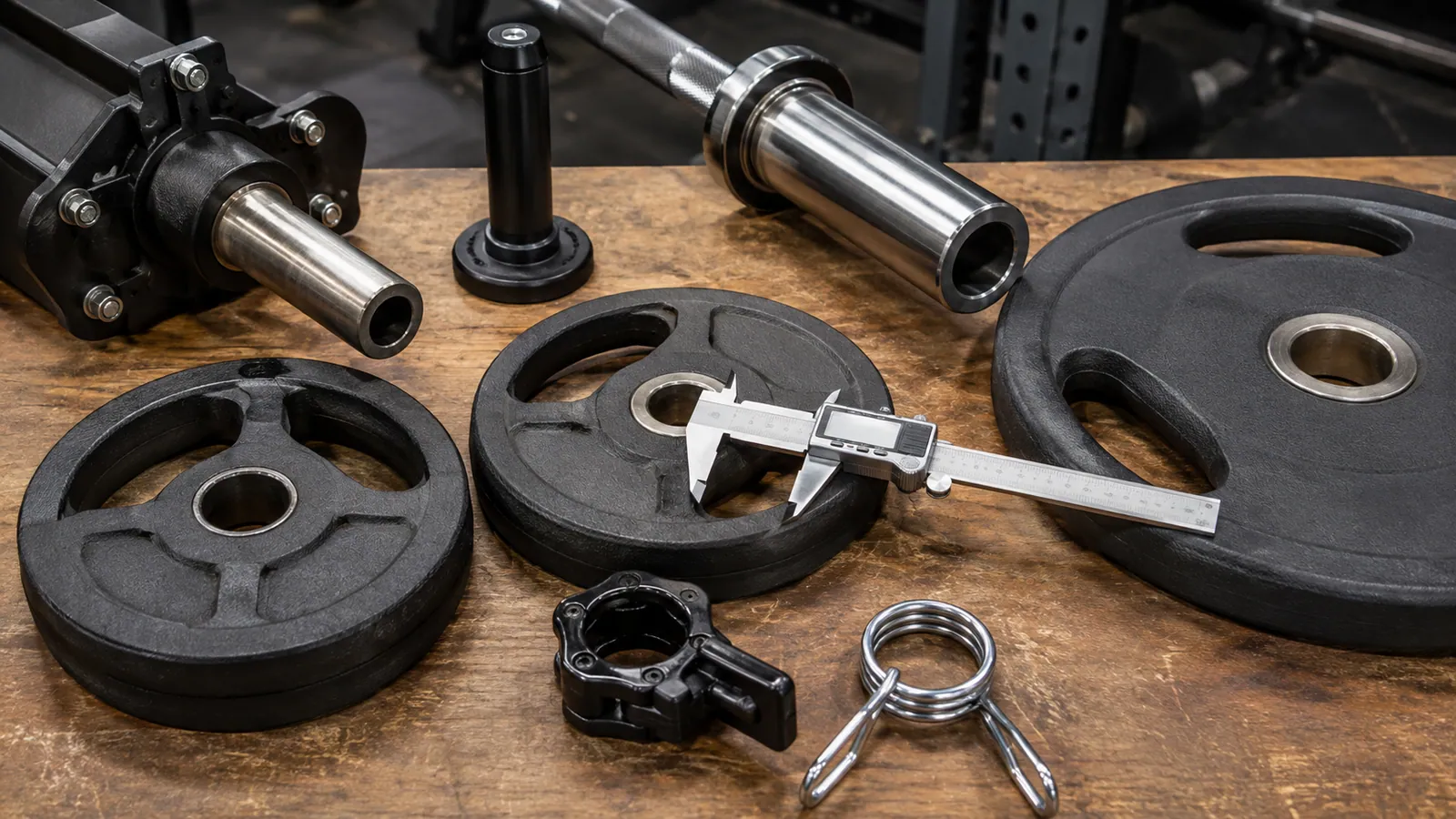 Caliper comparing the centre holes of two weight plates beside an Olympic sleeve and storage peg