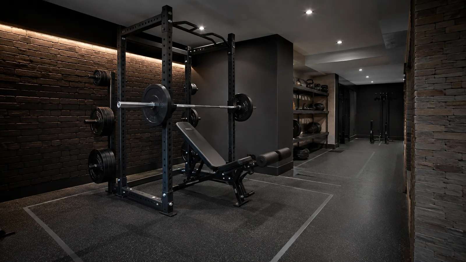 Bodenmarkierungen vergleichen drei Power-Rack-Tiefen um Bank und Langhantel