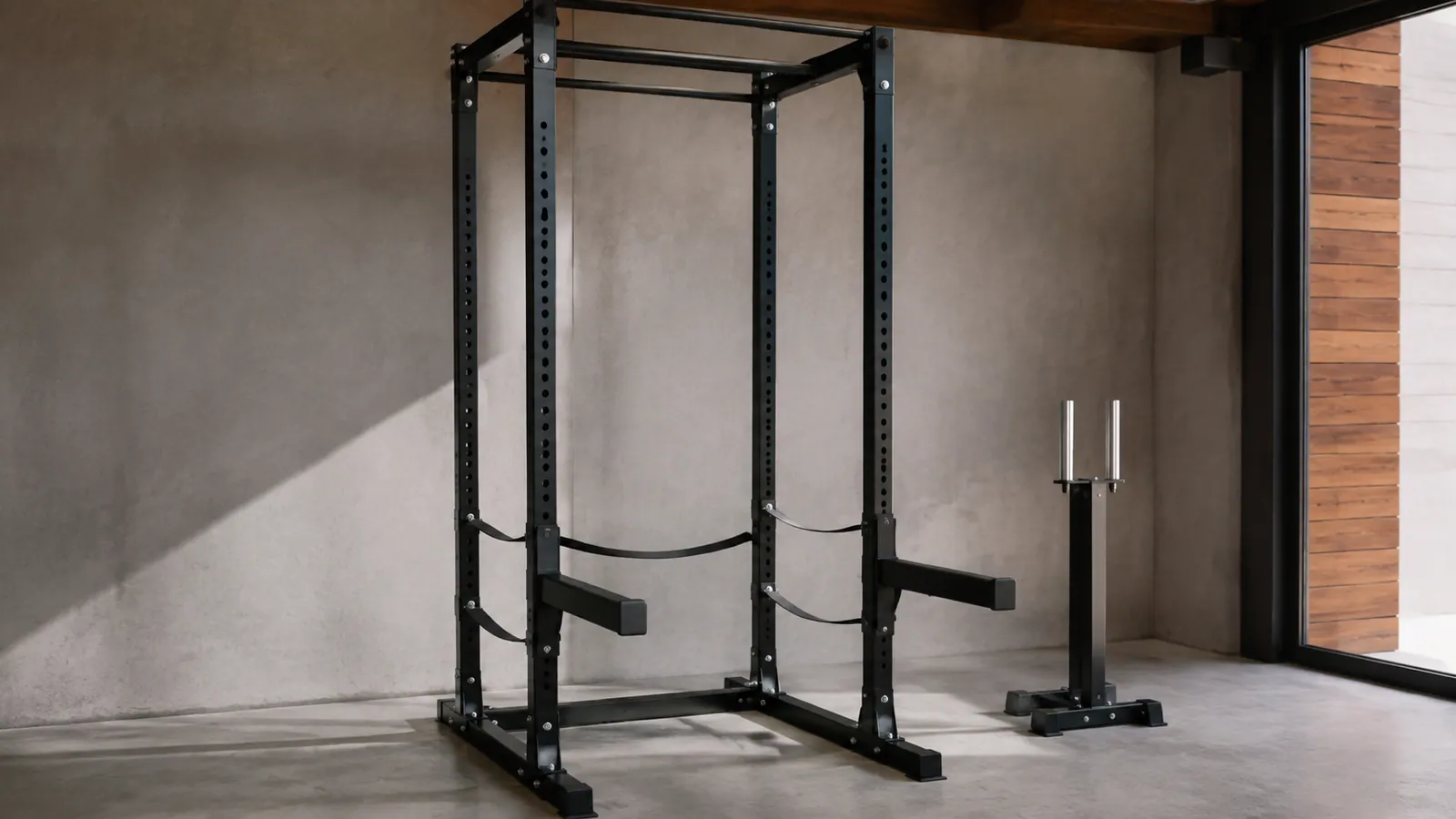 Power Rack mit Gurt, Steckrohr und gepolstertem Spotter-Arm auf verschiedenen Höhen