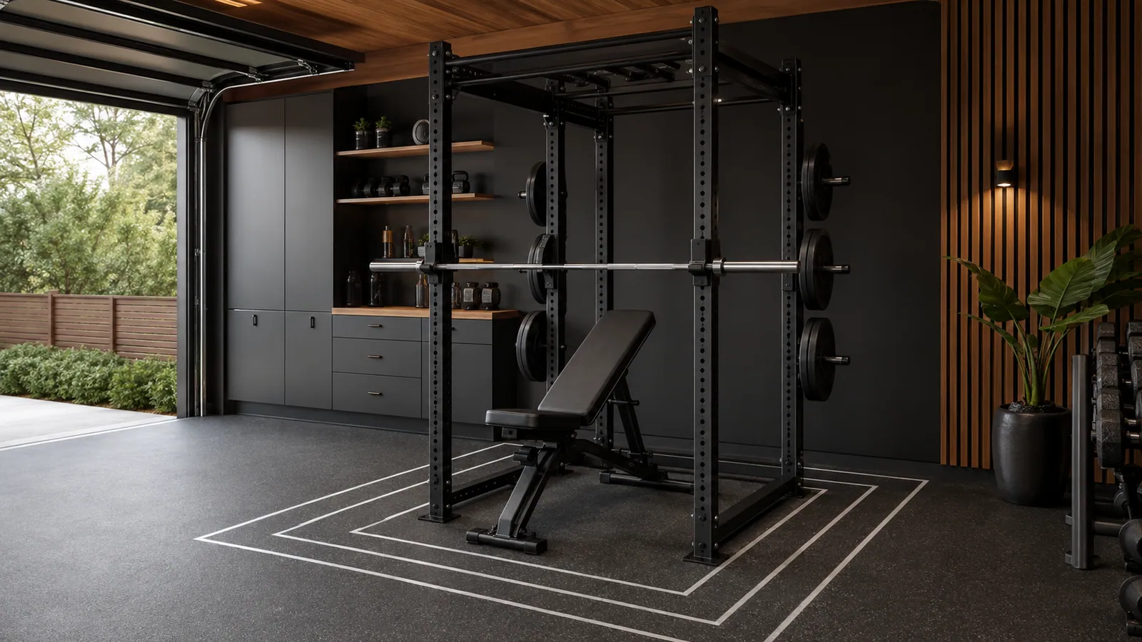 Floor tape comparing three power rack depths around a bench and barbell in a garage gym