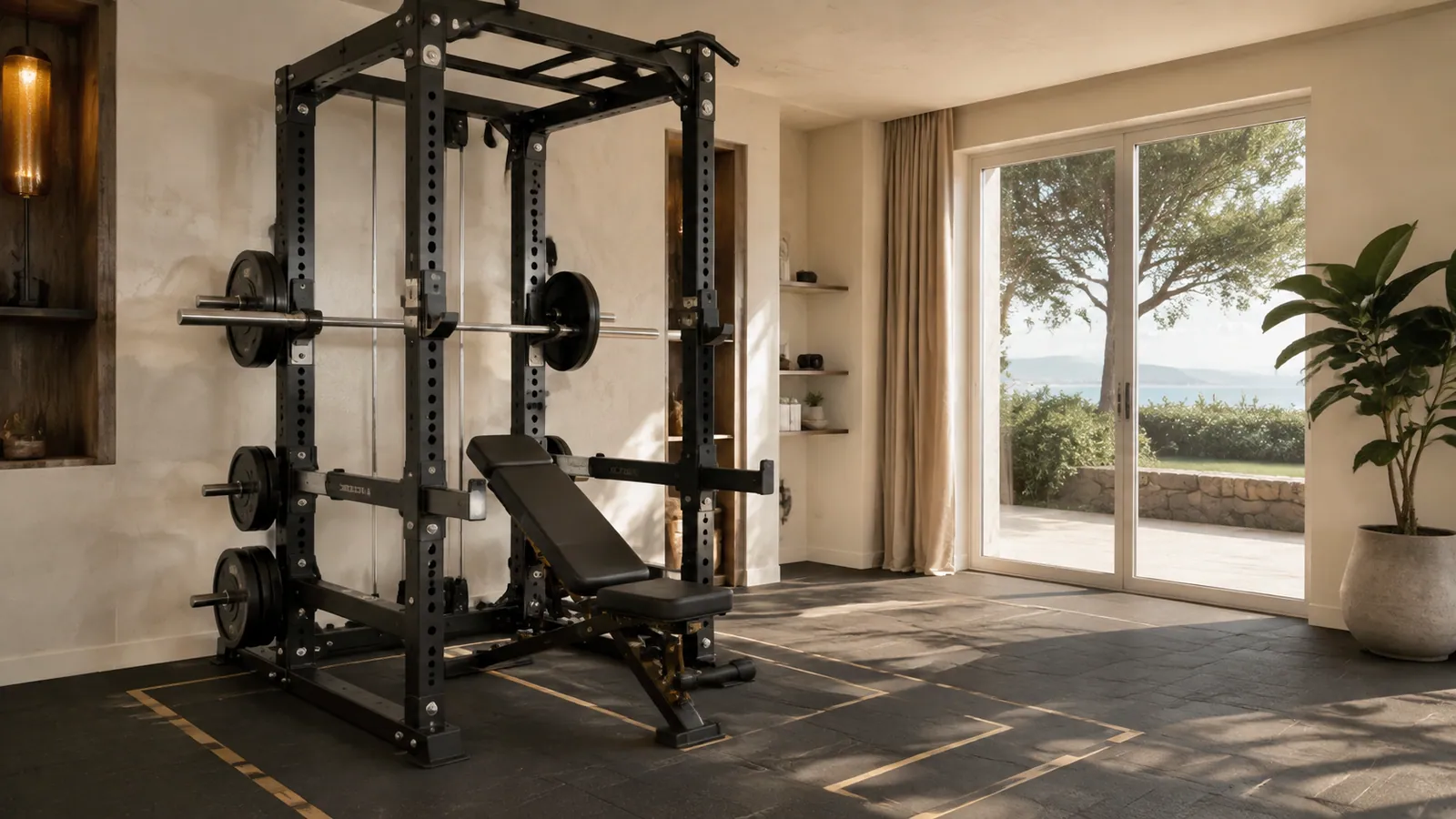 Cinta en el suelo comparando tres profundidades de power rack alrededor de un banco