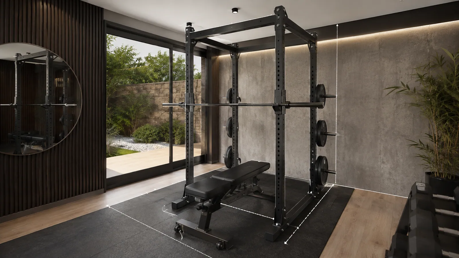 Rubans au sol comparant trois profondeurs de power rack autour d’un banc