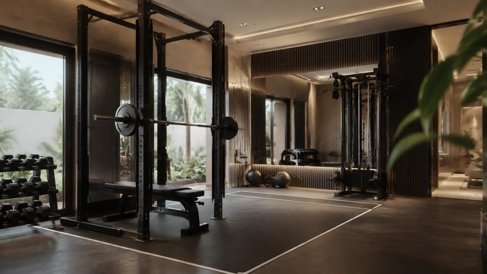 Pita lantai membandingkan tiga kedalaman power rack di sekitar bench