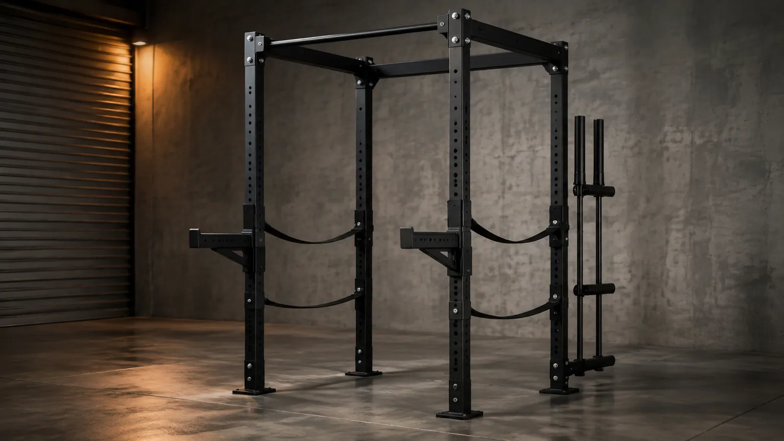 Power rack dengan strap, pipa tembus, dan spotter arm berlapis pada tinggi berbeda
