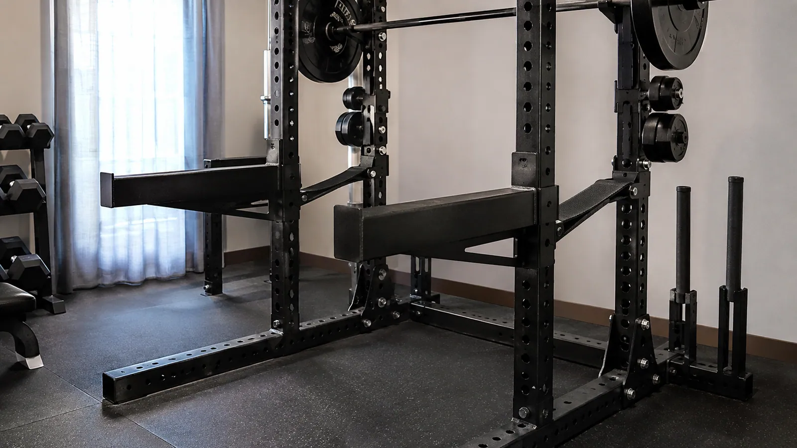 Power rack con cinghia, barra passante e braccio imbottito mostrati separatamente
