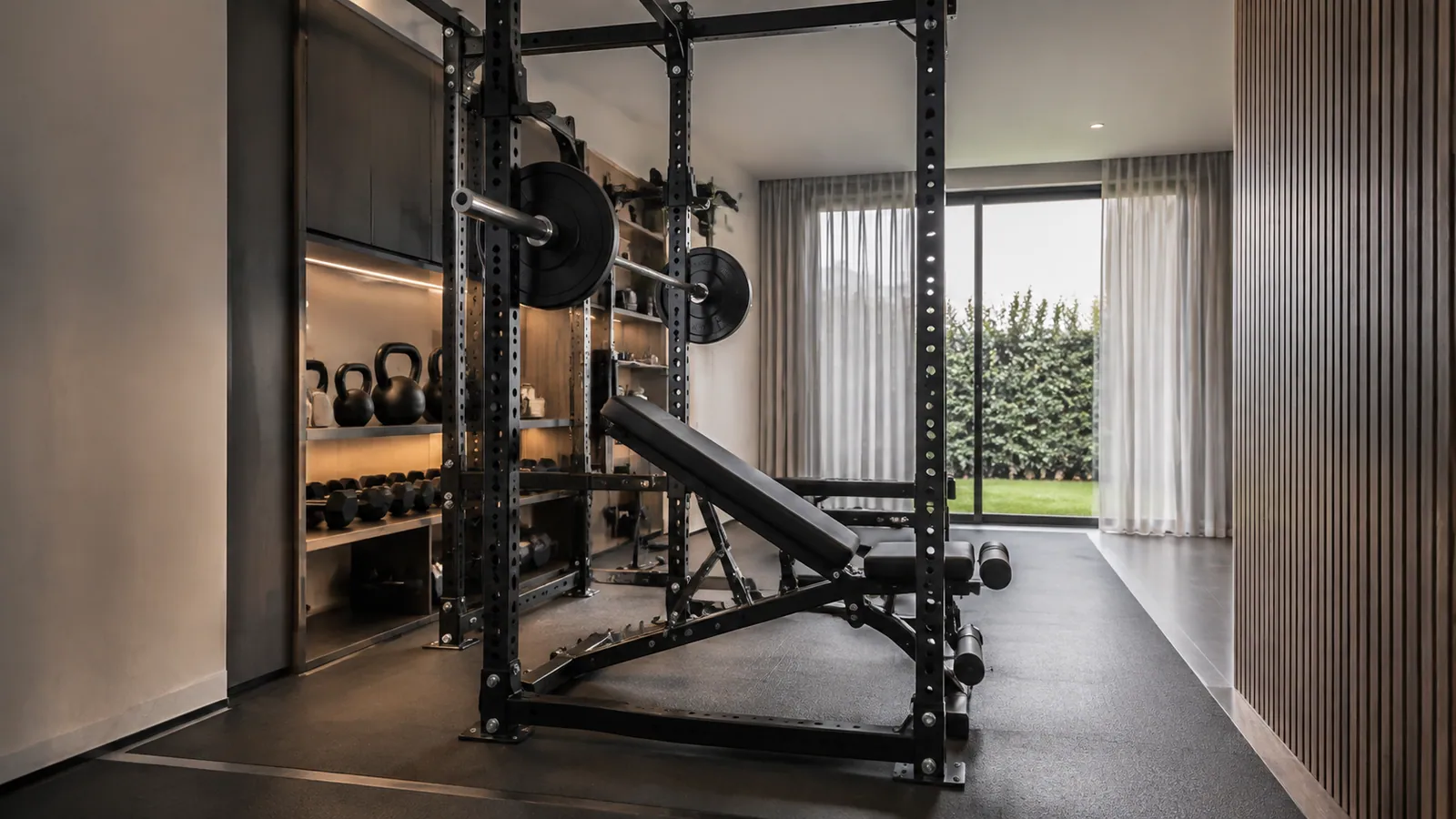 Nastri a pavimento confrontano tre profondità di power rack intorno a una panca