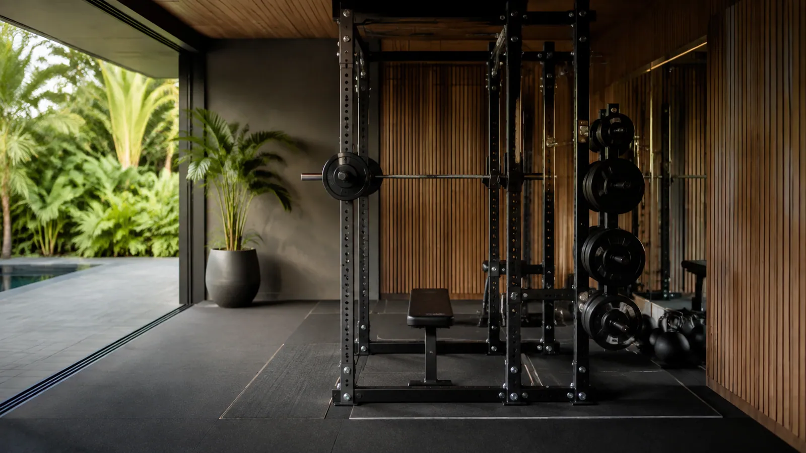 Fitas no piso comparando três profundidades de power rack ao redor de banco e barra