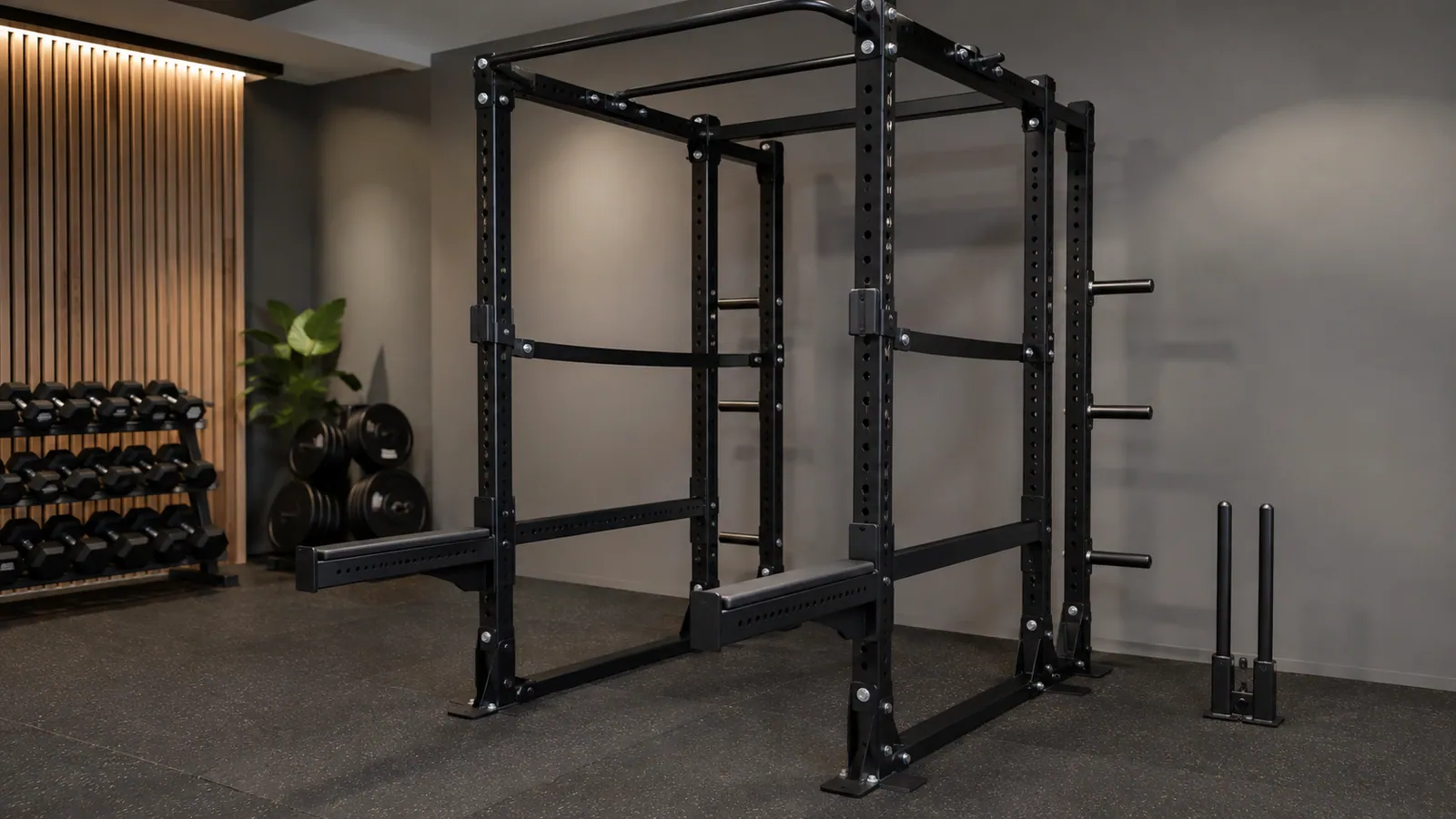 Power rack med säkerhetsrem, genomgående rör och vadderad arm på olika höjder