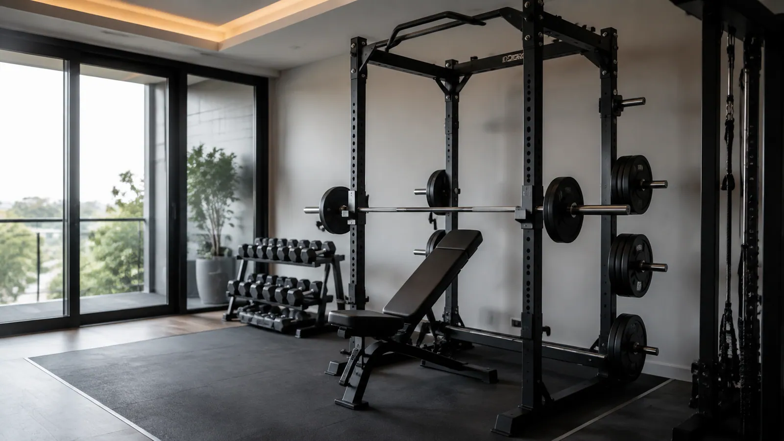 Bench çevresinde üç power rack derinliğini gösteren zemin bantları