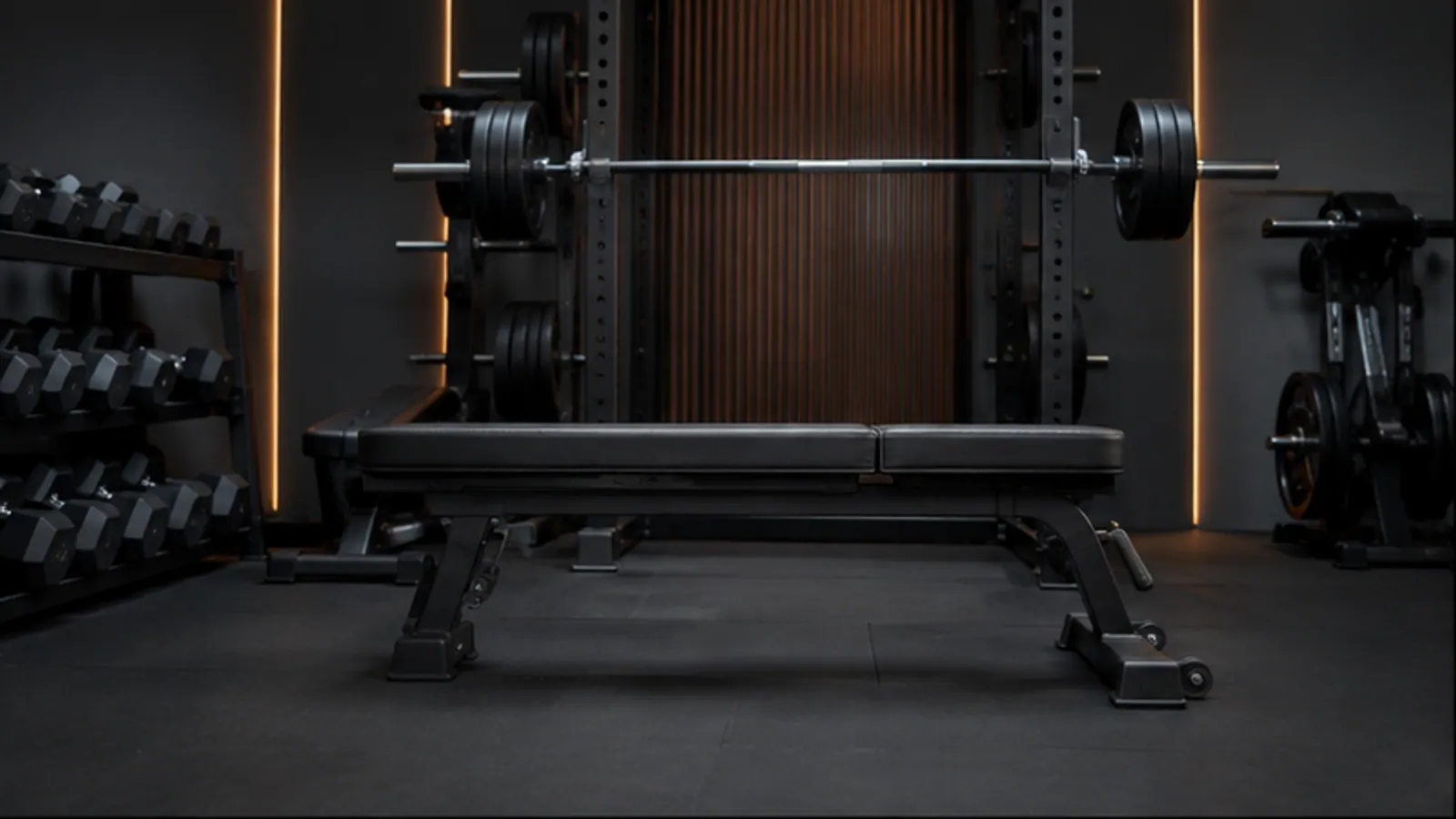 Adjustable weight bench shown flat and inclined with a clearly visible seat-to-back pad junction