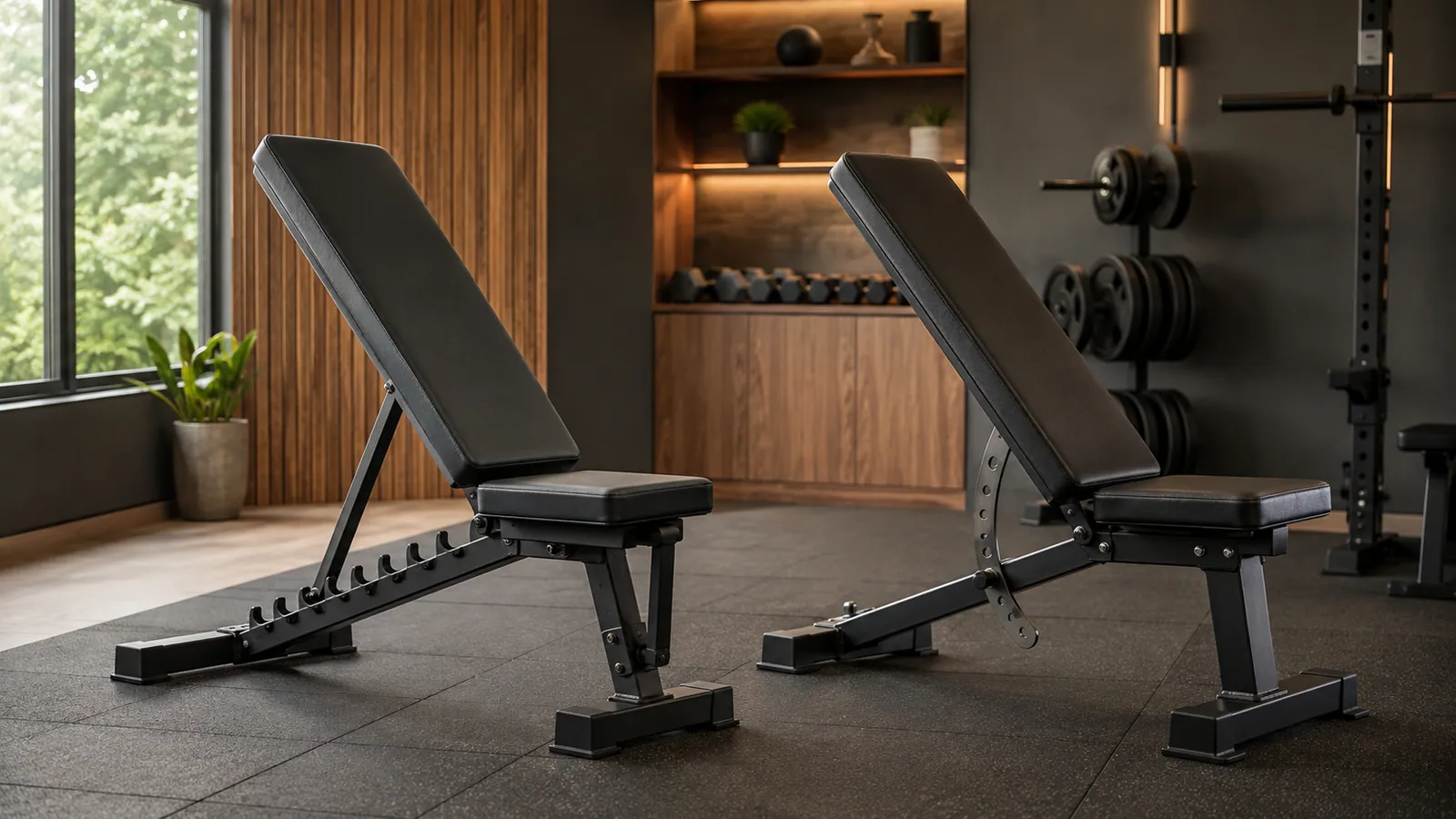 Two generic adjustable benches showing ladder and pull-pin adjustment mechanisms in a home gym