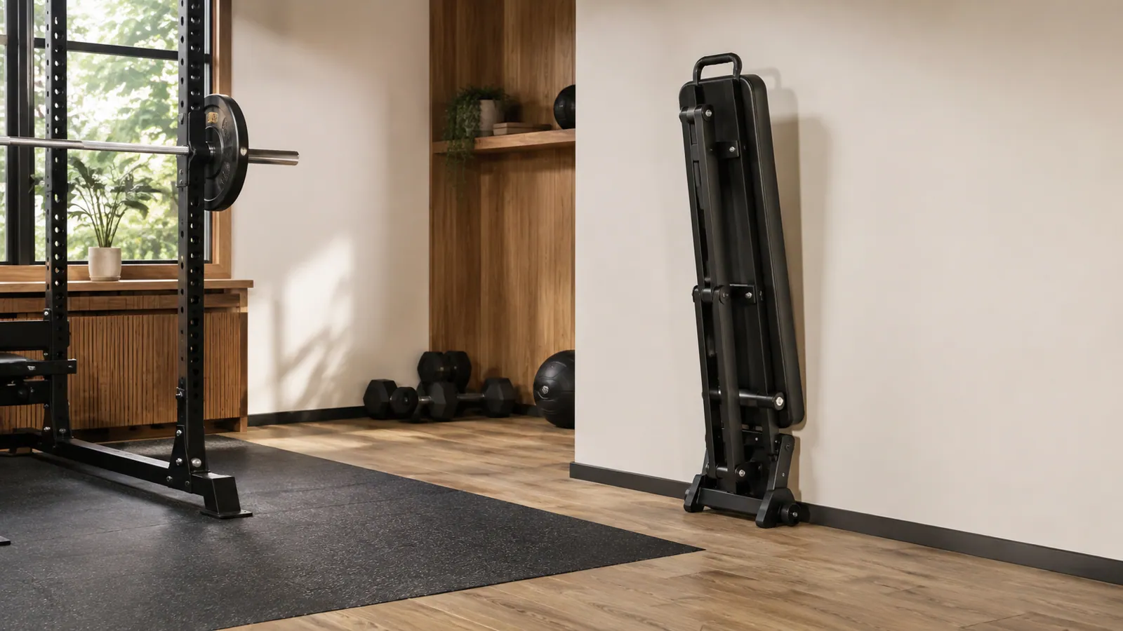Generic adjustable weight bench standing upright on manufacturer-designed storage feet in a tidy home gym