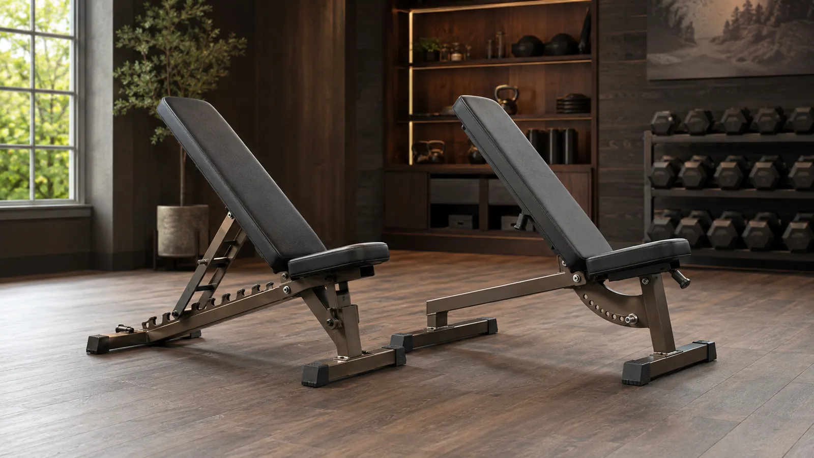 Dos bancos ajustables genéricos con mecanismos de escalera y pasador en un gimnasio doméstico
