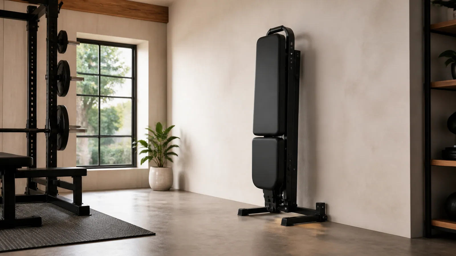 Banc réglable générique rangé verticalement sur des appuis conçus dans un home gym