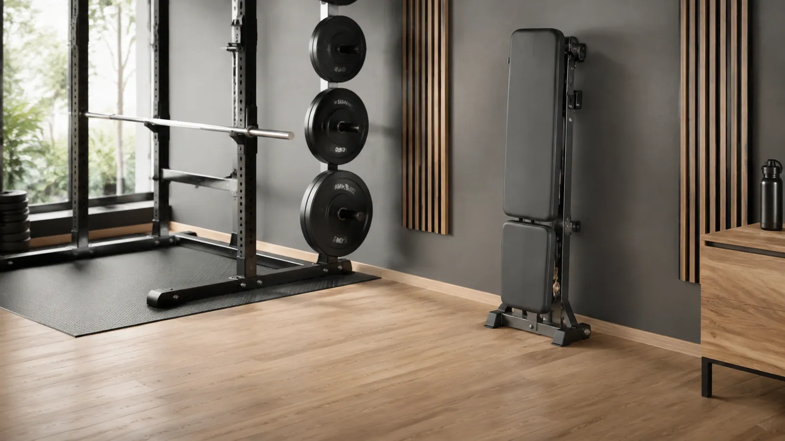 Bench adjustable umum berdiri pada kaki penyimpanan khusus di home gym rapi