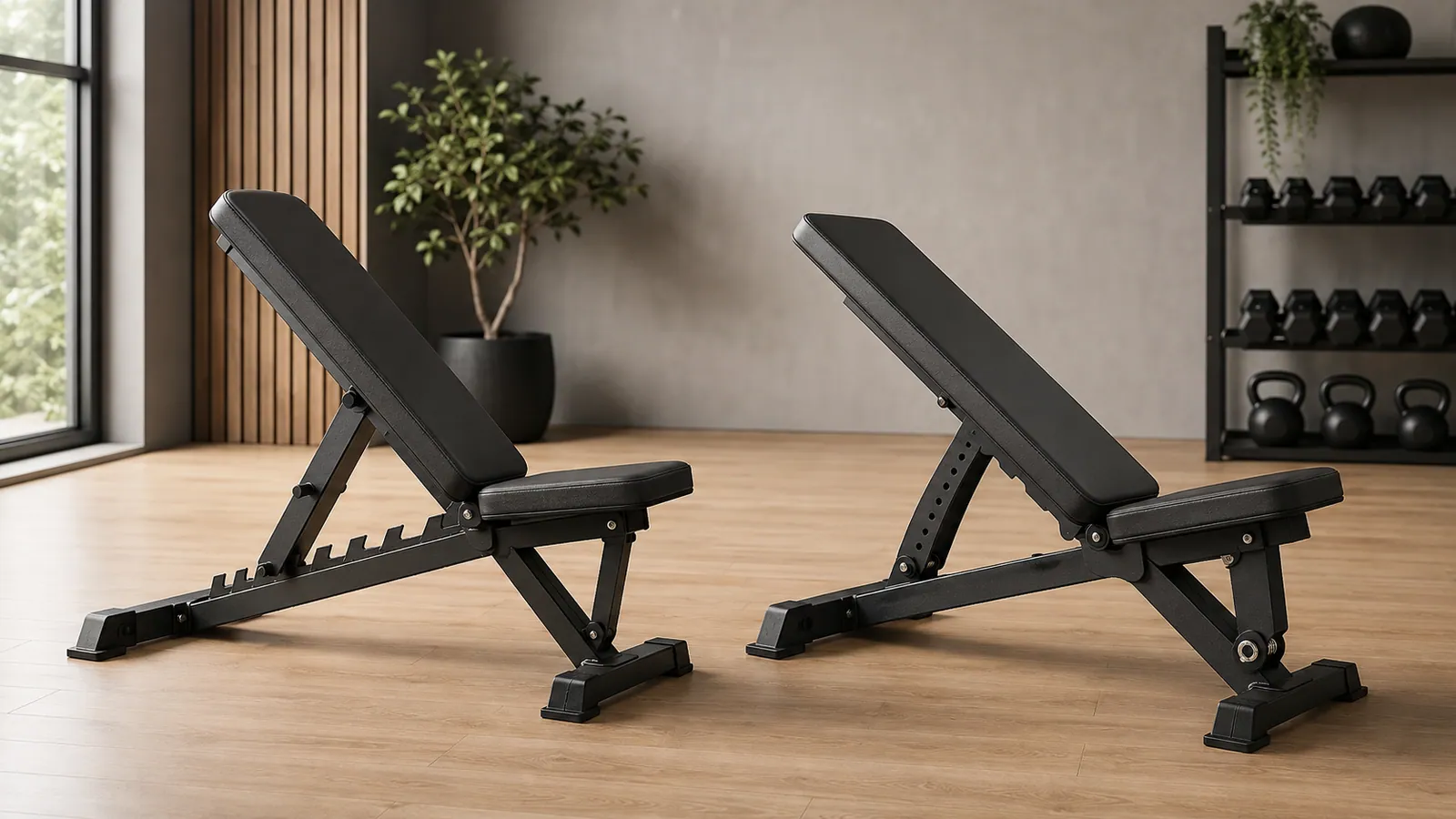 Dua bench adjustable umum dengan mekanisme ladder dan pop-pin di home gym