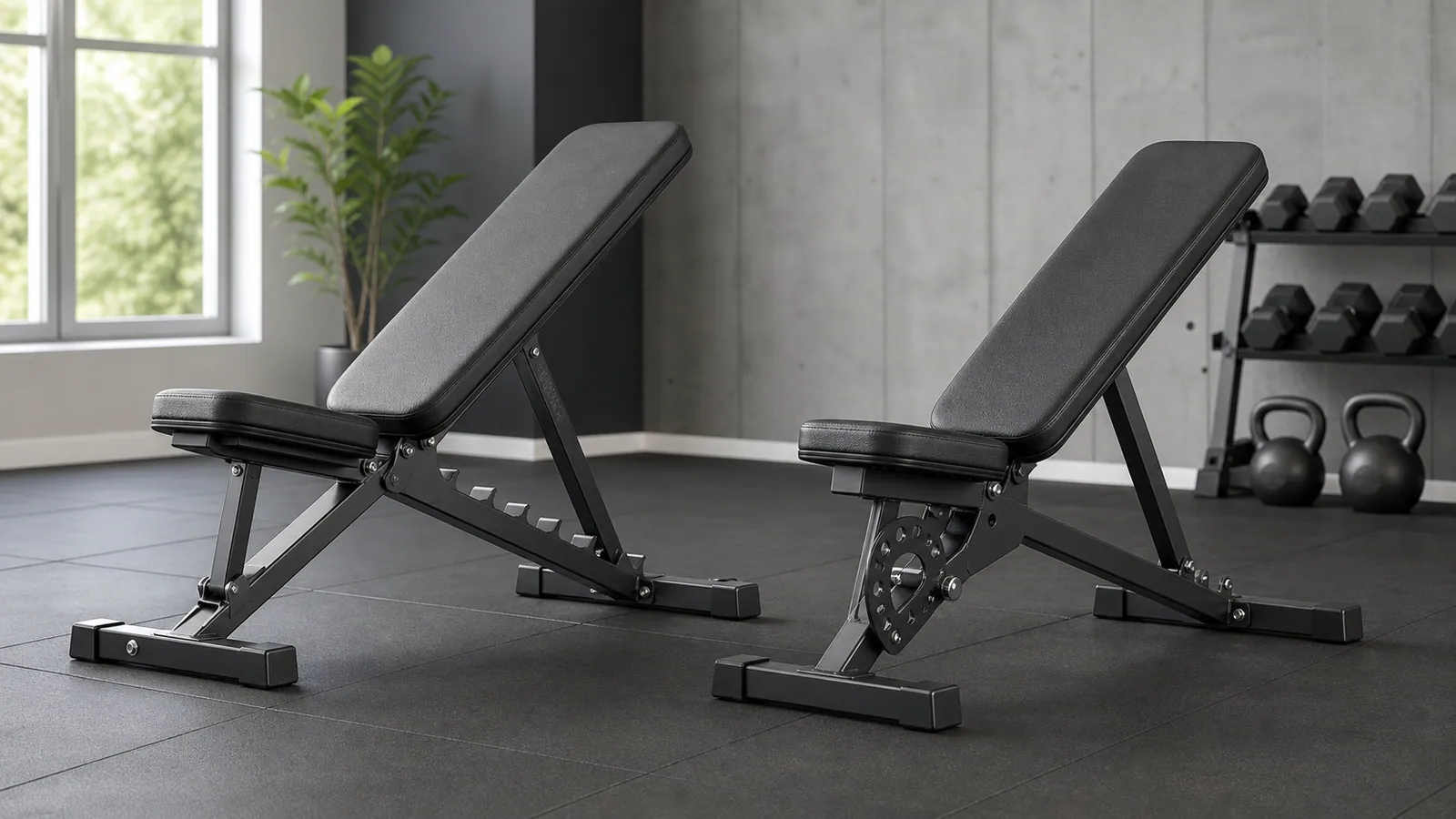 Twee generieke verstelbare banken met ladder- en pop-pinmechanisme in een homegym