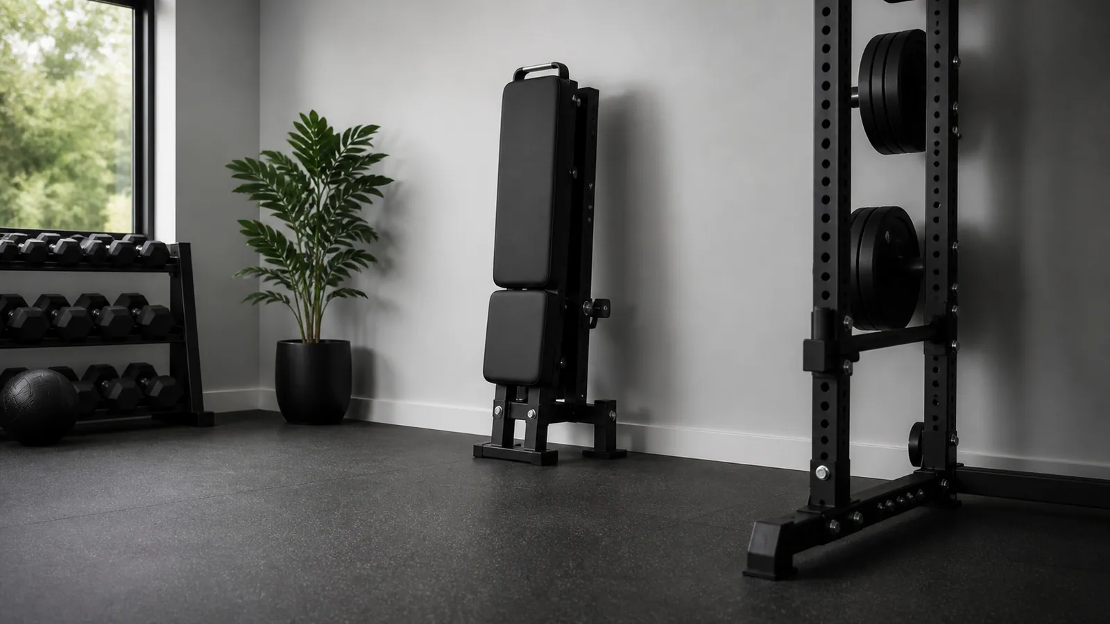 Generieke verstelbare halterbank rechtop op ontworpen opslagvoeten in een nette homegym