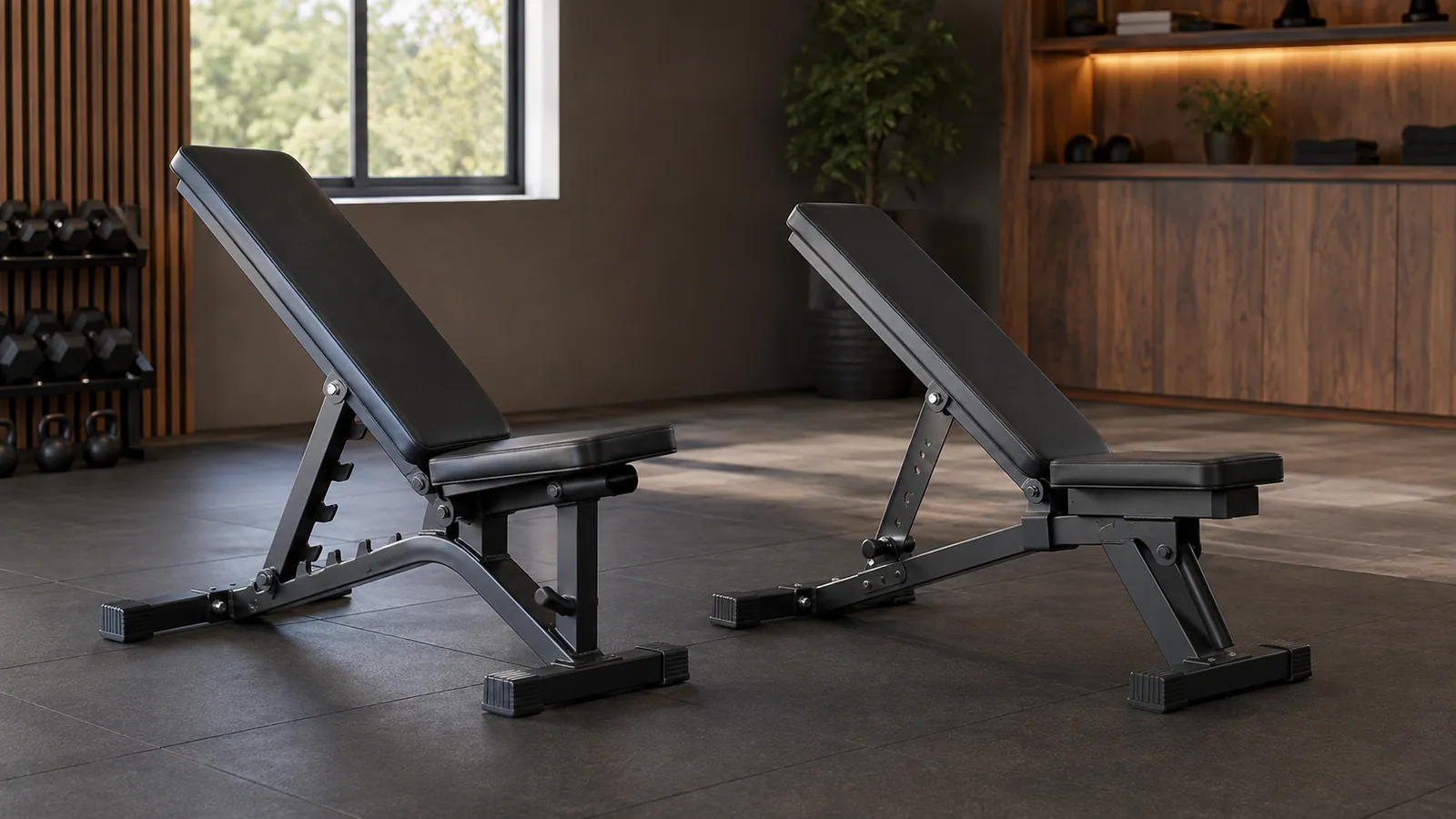 Ev spor salonunda merdiven ve pop-pin mekanizmalı iki genel ayarlanabilir sehpa