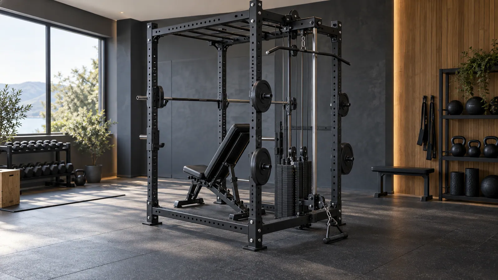 Multifunktionales Power Rack mit hinterem Basisstabilisator, Kabelsystem und Bankfreiraum