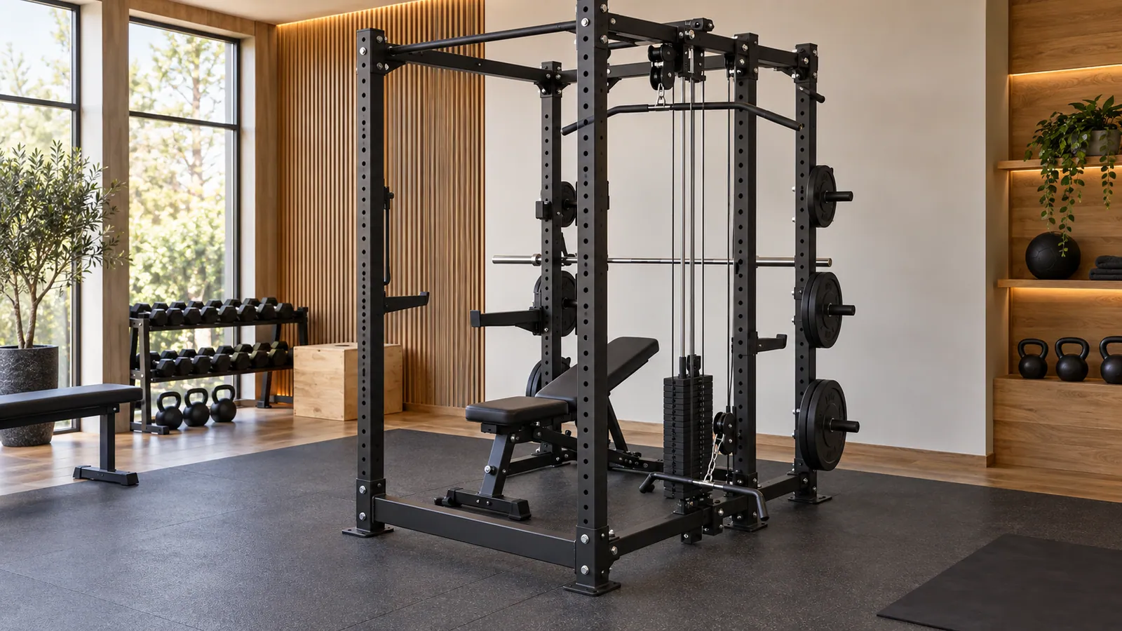 Multifunctional power rack with a clearly visible rear base stabilizer, cable attachment and safe bench clearance