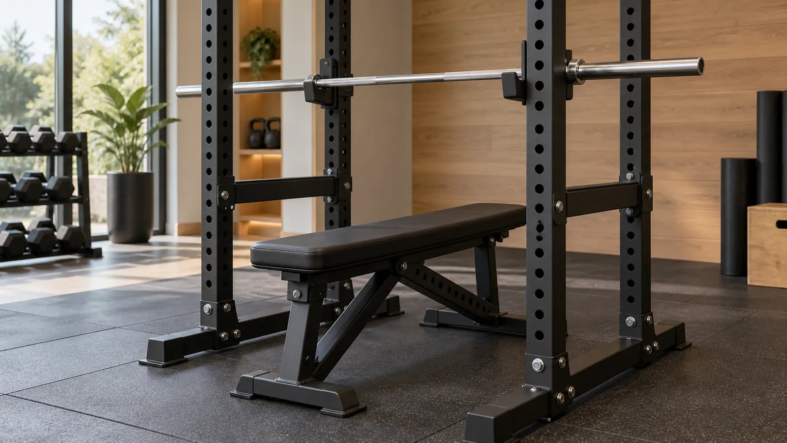 Power rack upright with closely spaced bench-zone holes beside a correctly positioned bench and safety arms