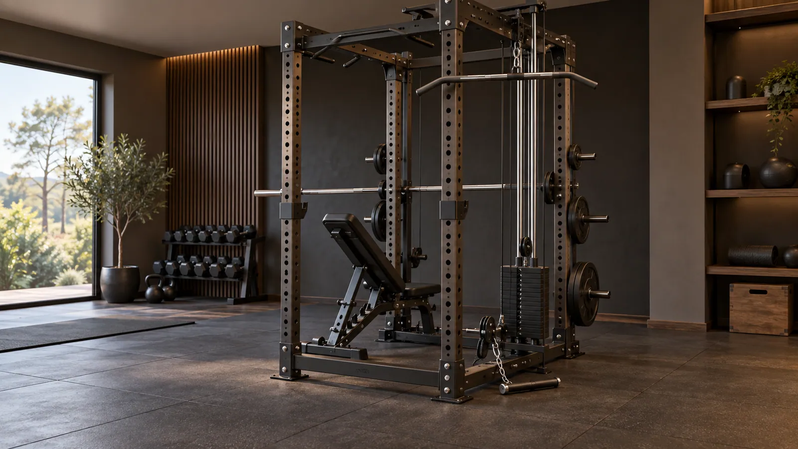 Power rack multifunción con estabilizador trasero visible, sistema de cable y espacio para el banco